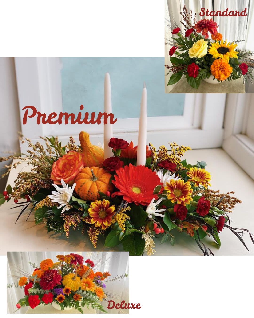 CLASS: Thanksgiving Centerpiece CLASS: Thanksgiving Centerpiece - Join us for Fall Fun!! Invite a friend!  Create a gorgeous autumn centerpiece with gourds, candles, flowers, and interesting foliage perfect for Thanksgiving!  Price includes materials and instruction.   Friday, Nov. 21 at 5:30 pm or Saturday, Nov. 22 at noon  You can choose between:  Standard includes a sunflower, a rose, carnations, chrysanthemums, and other inexpensive flowers, $45  Deluxe includes marigolds, chrysanthemums, carnations, a gourd, and textural elements, $65  Premium is long, and low with 2 taper candles, gerbera daisies, roses, mums, carnations, gourds, and textural elements, $85  MAKE SURE to note the date/time of the class you'd like to attend in the "notes" section.