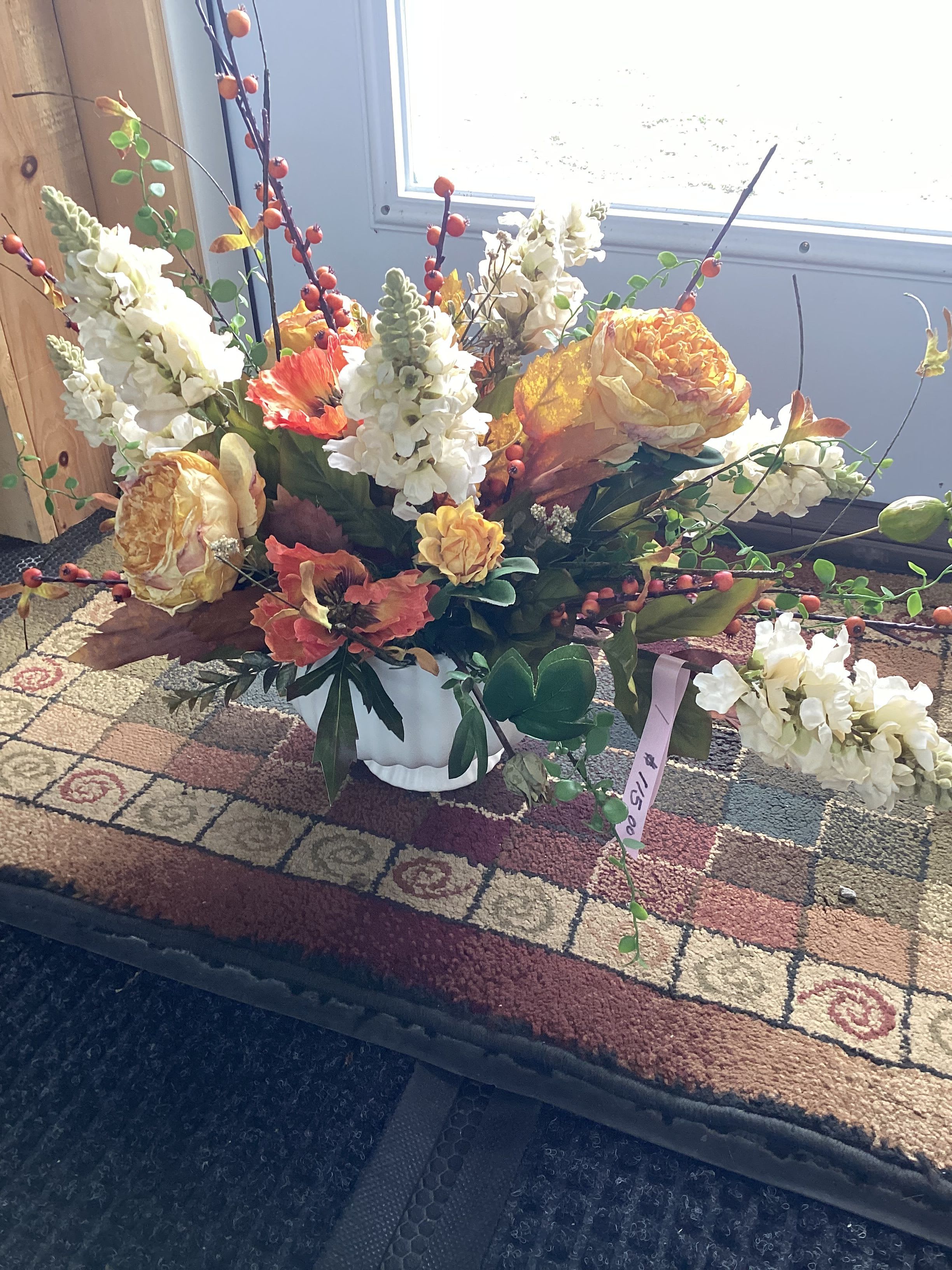 White and Yellow Autumn Arrangement  - Arrangement in white vase with white, yellow, and white silks 