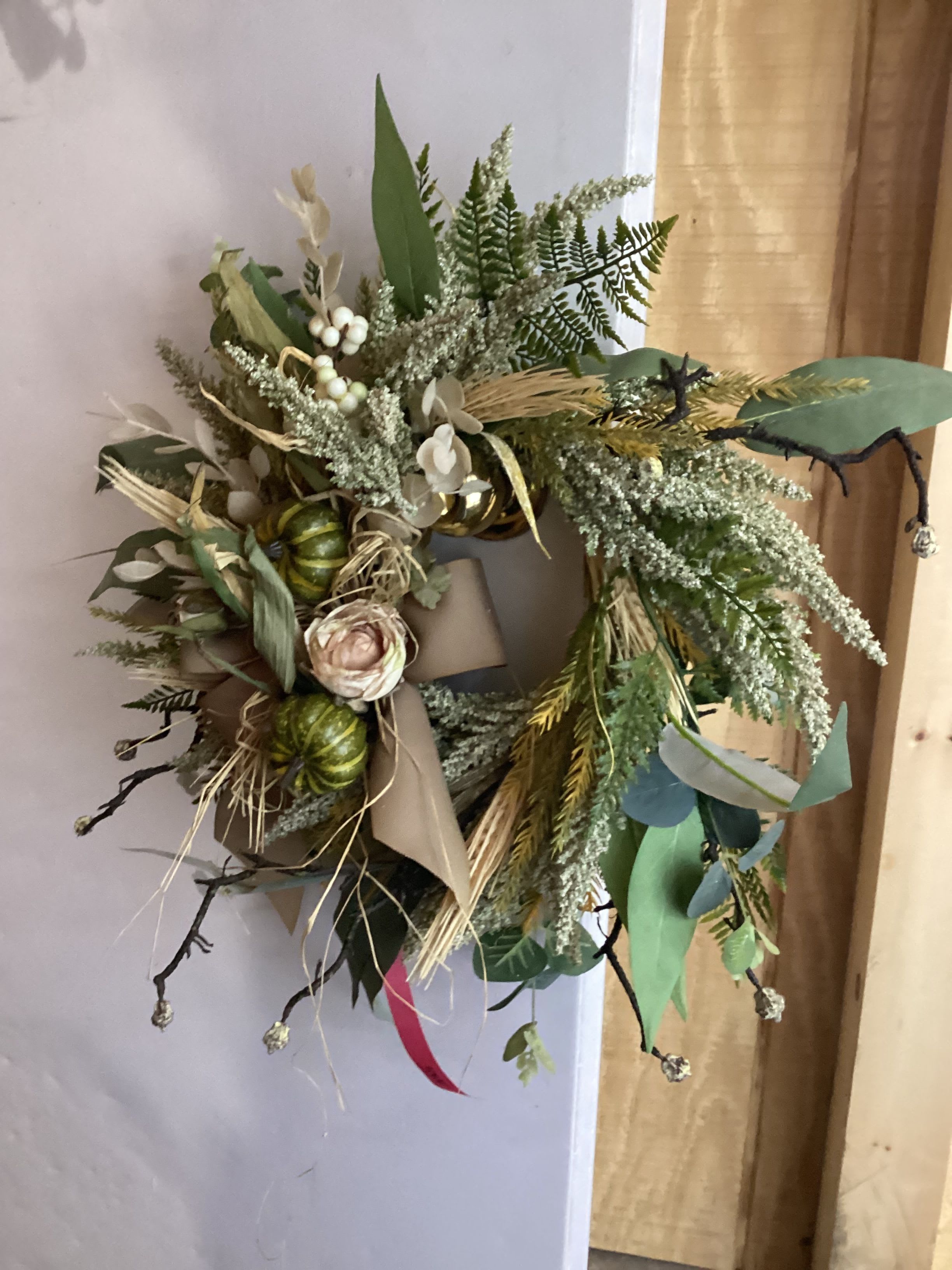 Green and Cream Autumn Wreath - A medium sized wreath with cream colored silks and greenery 