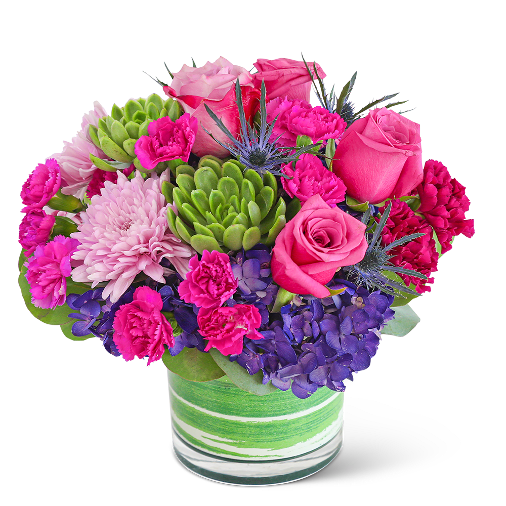 Luminous London with Succulents Luminous London with Succulents - Delight in the rich purple tones of one of our floral favorites, Luminous London with Succulents. A chic, leaf-lined vase with hydrangea, roses, carnations, succulents, and premium foliage makes up this lavish floral design. This vibrant flower arrangement will brighten anyone's day and add a pop of color to any space. It would make a perfect Anniversary or Birthday gift for that special someone.