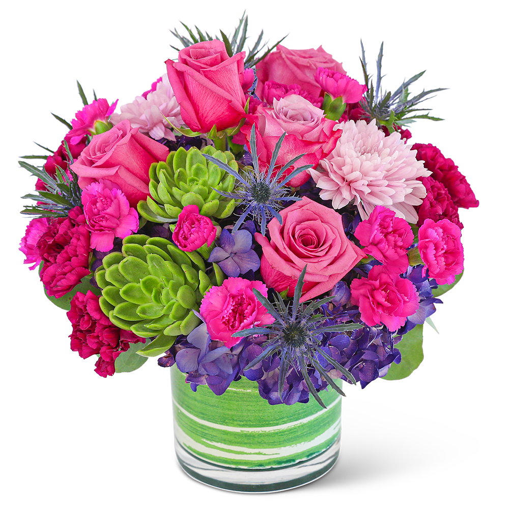 London Luxe with Succulents London Luxe with Succulents - Delight in the rich purple tones of one of our floral favorites, London Luxe with Succulents. A chic, leaf-lined vase with hydrangea, roses, carnations, succulents, and premium foliage makes up this lavish floral design. This vibrant flower arrangement will brighten anyone's day and add a pop of color to any space. It would make a perfect Anniversary or Birthday gift for that special someone.