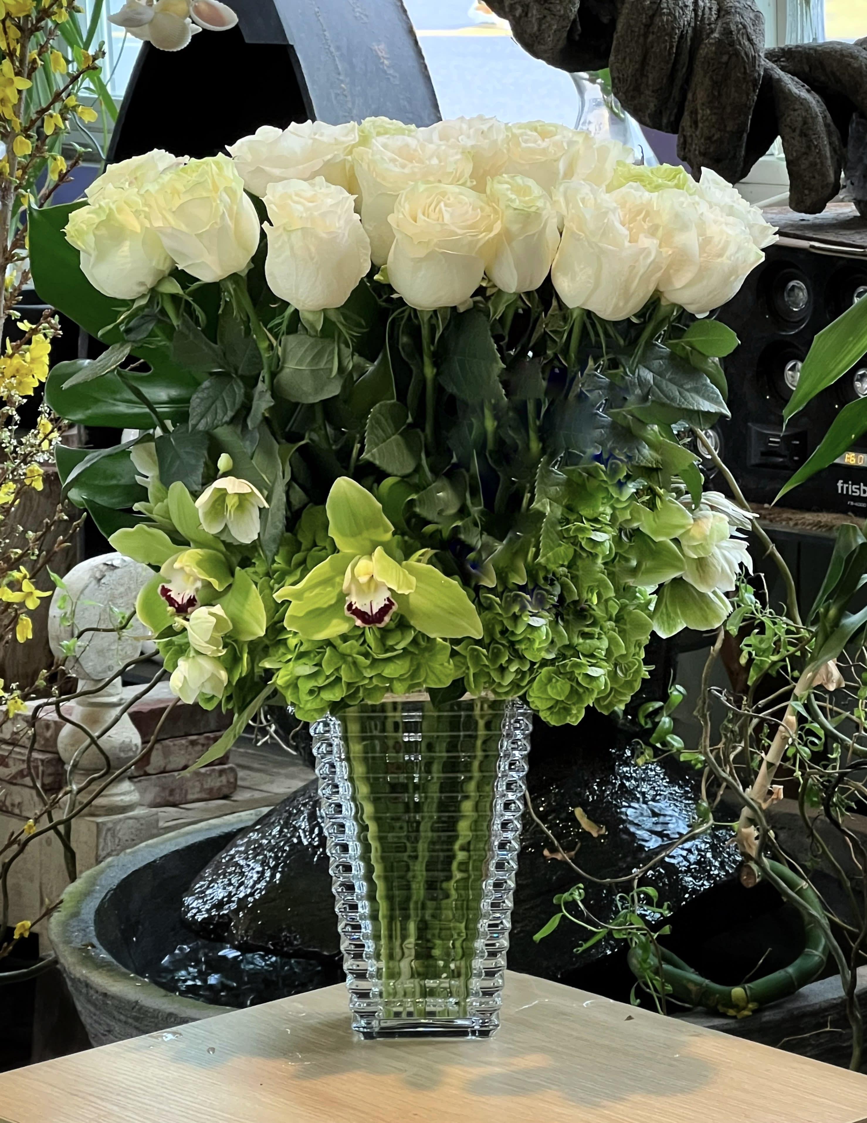Rosa Cristal  - Two Dozen Premium Roses, Hydrangeas and Cymbidium Orchids in a Limited Translucent Vase