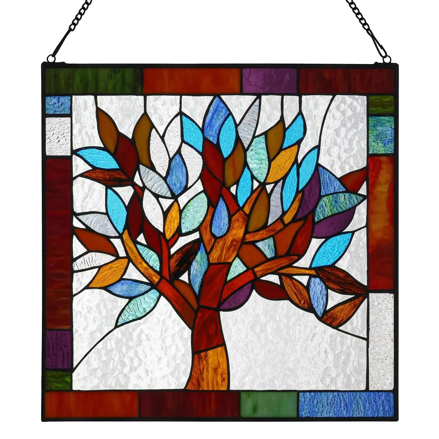 Marley Mystical Tree - Peaceful ambiance! Full of color and symbolic meaning, the Mystical World Tree Glass Panel is sure to ignite your space with vibrant colors and a sense of strength and belonging.  Trees have been known to symbolize a deep connection with the world - place this in your home to remember the importance. Perfect addition to your fall decor.  This glass panel features 131 pieces of hand cut striated and ripple glass in hues of blue, green, red, brown and purple.  Overall Dimensions: 18&quot;L x 0.25&quot;W x 18&quot;H
