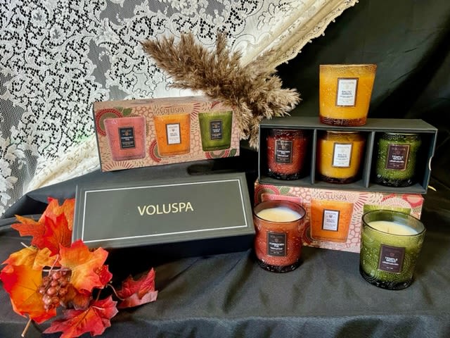 Voluspa Fall Candle Trio Gift Set - Three 5oz. glass jar Voluspa candles in the scents of Temple Moss, Forbidden Fig, and Baltic Amber.