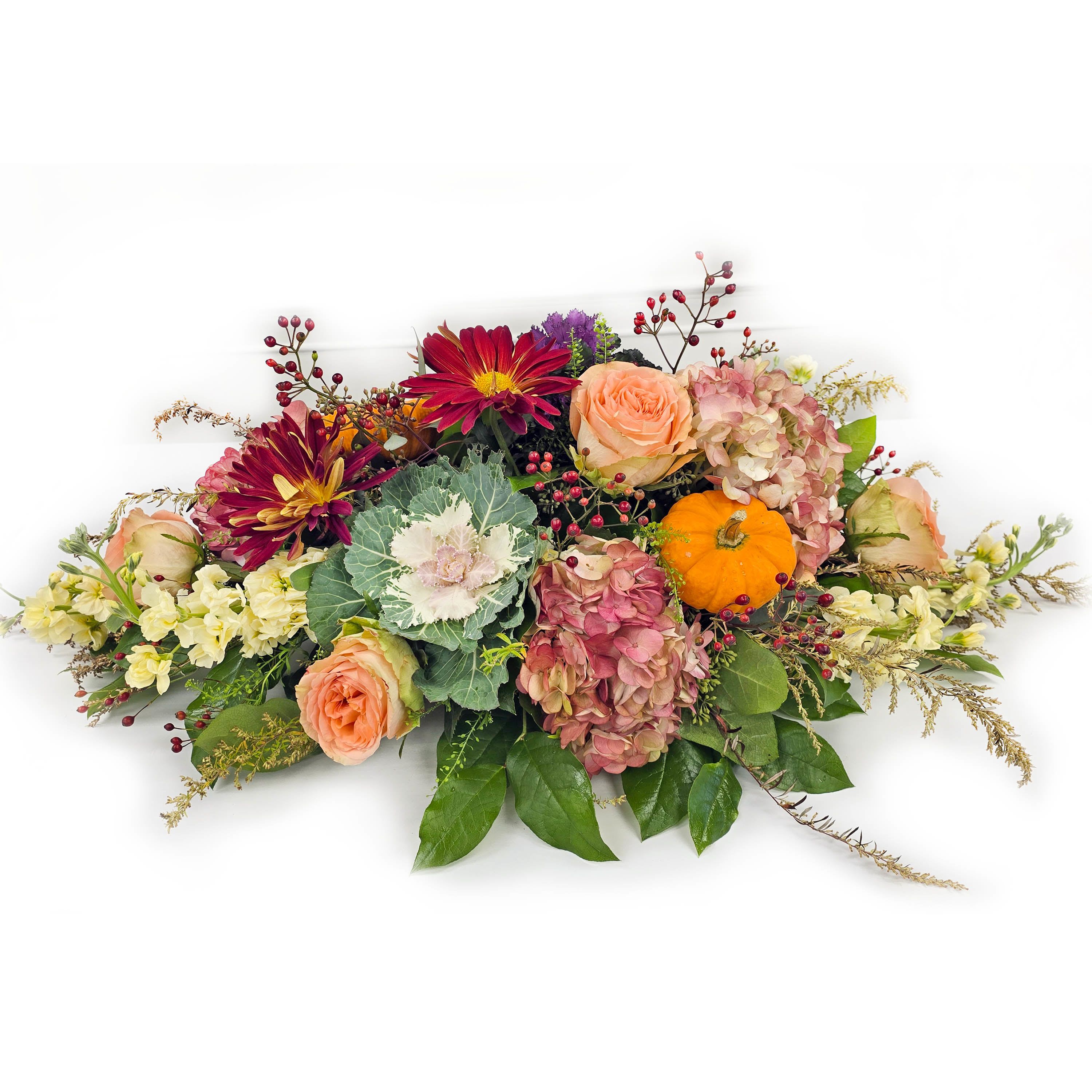 Thanksgiving Bountys - The Thanksgiving Bounty long and low centerpiece exudes warmth and autumn elegance to create the perfect addition to their fall table.  