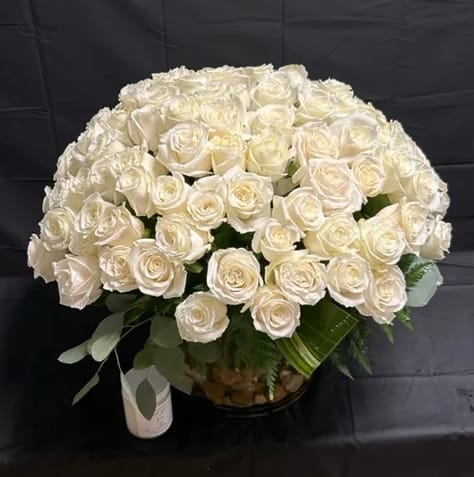  Opulence (BR) - Get ready to be blown away by a super-chic and sophisticated Opulence floral arrangement that exudes modernity and elegance. This stunning arrangement features an impressive 100 white roses, skillfully arranged in a leaf-lined glass cylinder vase.  