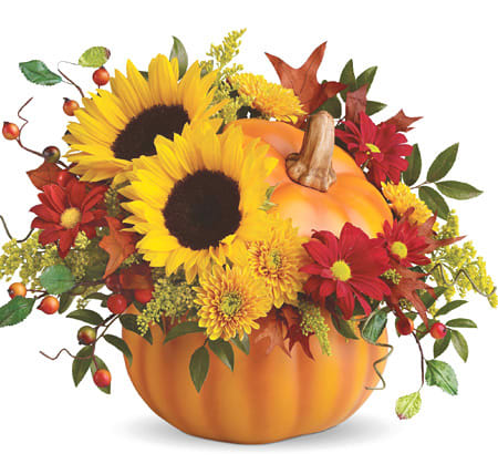 Pretty Pumpkin Bouquet - Radiantly rustic sunflowers and other beautiful blooms in a hand-painted ceramic pumpkin that is truly the pick of the patch. This delightful gift will keep on giving for years - as a vase, candy dish, or objet d'art. The radiant bouquet includes yellow sunflowers, yellow cushion spray chrysanthemums, red daisy spray chrysanthemums, solidago, huckleberry and oak leaves. ** PUMPKIN VASE DESIGN WILL VARY**