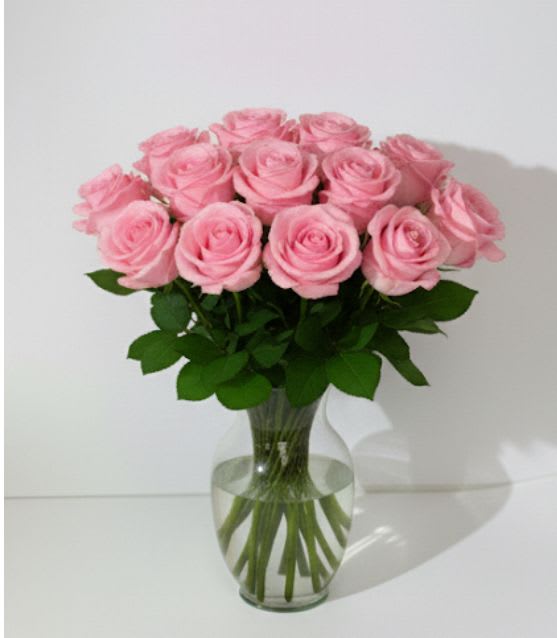 Dozen Pink Roses - These dozen pink roses are classic! Perfect romantic gift for a Birthday, Valentine's Day or an Anniversary.   APPROXIMATE DIMENSIONS: 25&quot; H X 18&quot; W