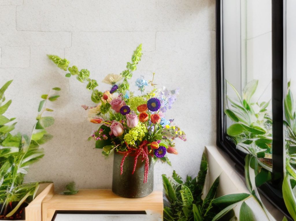 Galvanized Mixed Bouquet  - Mixed floral in a large galvanized rustic container. We will use the best colors and floral of the season. You may request any special by adding instructions to your order. This design is perfect for sympathy, funeral, birthday, and just because.. 