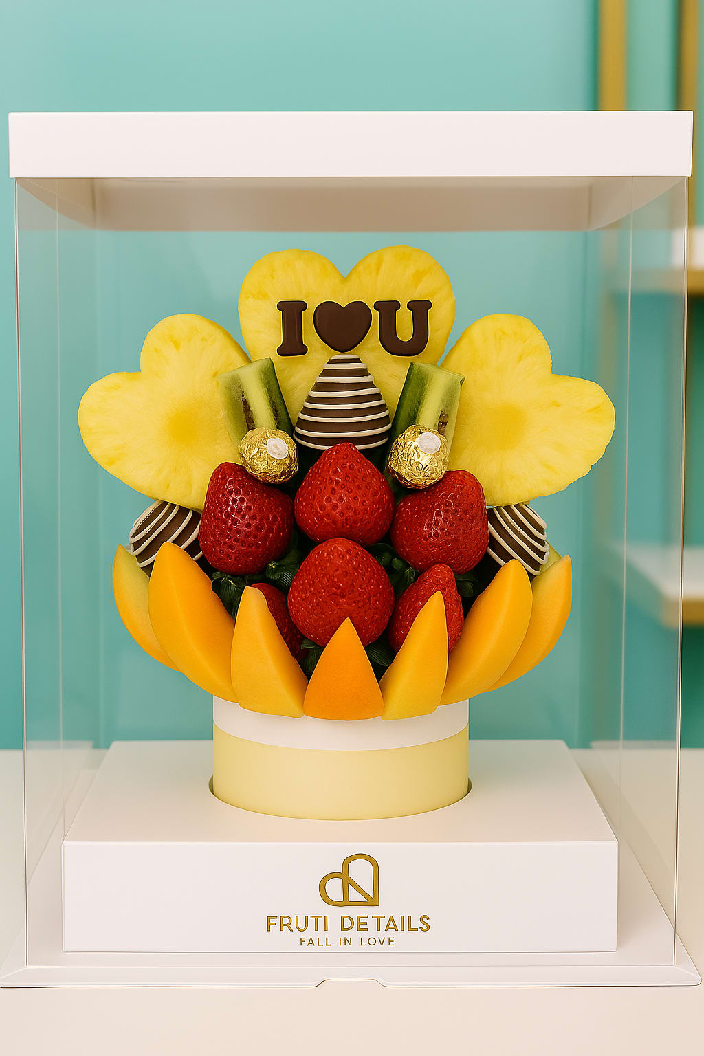 Fruit Bouquet I love you - ️ “I Love You” Fruit Bouquet – Romantic Gift for Anniversaries &amp; Just Because Say it with fruit! This romantic arrangement features a beautiful combination of fresh fruit, chocolate-dipped strawberries, and gold-wrapped chocolates. With heart-shaped pineapple slices and the phrase “I ️ U” on top, it’s the perfect gift to celebrate love.  Includes:   Fresh strawberries, kiwi slices, orange wedges, and cantaloupe  Chocolate-covered strawberries with white swirl design  Two heart-shaped pineapple slices and one pineapple slice with “I ️ U” letters  Gold-wrapped chocolates for a touch of luxury  Arranged in a modern round hat box  Delivered in a clear acrylic gift box with lid and ribbon  Perfect for:   Anniversaries ️ Romantic moments or “just because” surprises  Couples, partners, and sweethearts  Handmade with love in Miami Springs | Local delivery available  ️ Bouquet de Frutas “I Love You” – Regalo Romántico para Aniversarios y Sorpresas Especiales ¡Exprésalo con frutas! Este arreglo romántico combina frutas frescas, fresas con chocolate y chocolates envueltos en dorado. Con rodajas de piña en forma de corazón y la frase “I ️ U” en el centro, es el regalo ideal para celebrar el amor.