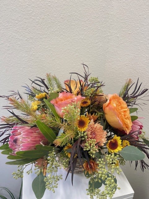 Fall Fiesta Fall Fiesta - Lots of Local Greenery, Proteas and other accents in a birch container.