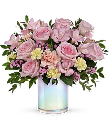 Blush &amp; Glow Bouquet - “Delight your loved ones with this elegant pink rose and pastel flower arrangement, artfully designed in a shimmering vase. Perfect for birthdays, anniversaries, Mother’s Day, or just because. Same-day flower delivery in The Colony, Frisco, Little Elm &amp; all DFW.”