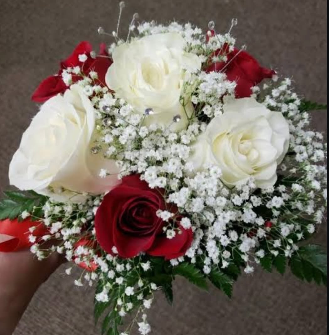 Red and White Mini Dance Bouquet - This bouquet features white and red roses with babys breath.