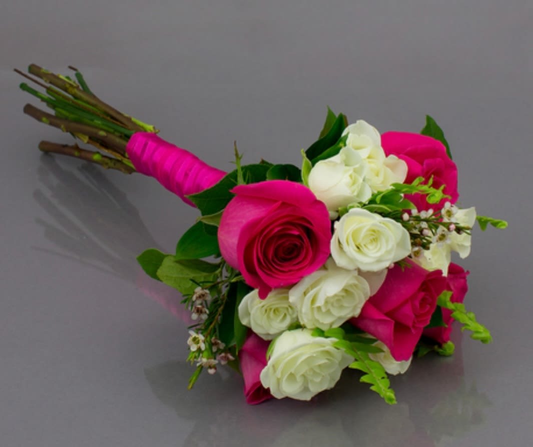 Hot pink and white mini dance bouquet - This is a hot pink and white mini bouquet feauring roses and spray roses.