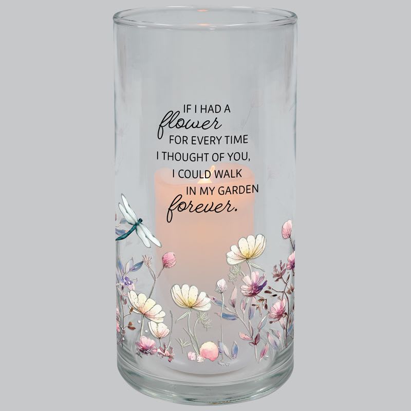 Candle Hurricane 'If I had a Flower' Candle Hurricane 'If I had a Flower' - Hurricane Candle 'If I had a flower for every time I thought of you, I could walk in my garden forever.' Glass. Flickering LED flame. Built in automatic timer, 6hrs ON/18hrs OFF. CR2032 battery included. Handwash recommended. 26945 Approximately 3"W x 7"H