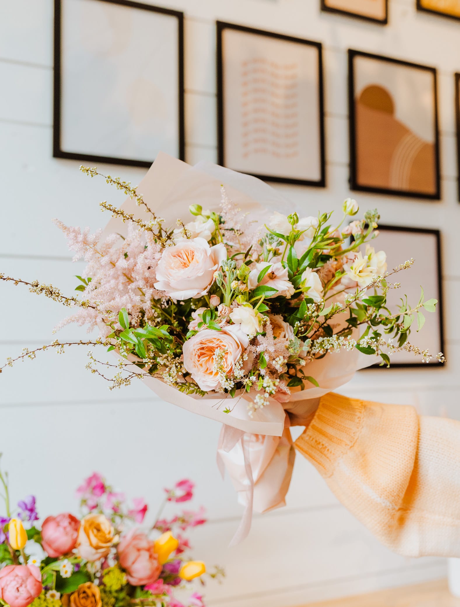 Sweet Pinks Flower Bundle Sweet Pinks Flower Bundle - Flowers really do make the perfect gift. Whether it’s a special occasion, to send your love, or just because! A floral bundle gives the perfect message. Bursting with seasonal blooms and whatever creative finds we’ve got our eyes on, we create these wraps to make an impact. (Please note this does not include a vase. Photo shown is the Premium option. Bundles are NOT Bridal bouquets and should not be used as one. To inquire about Bridal bouquets please visit the wedding tab of our website.)  The flower bundle is filled with the best pinks in the shop.