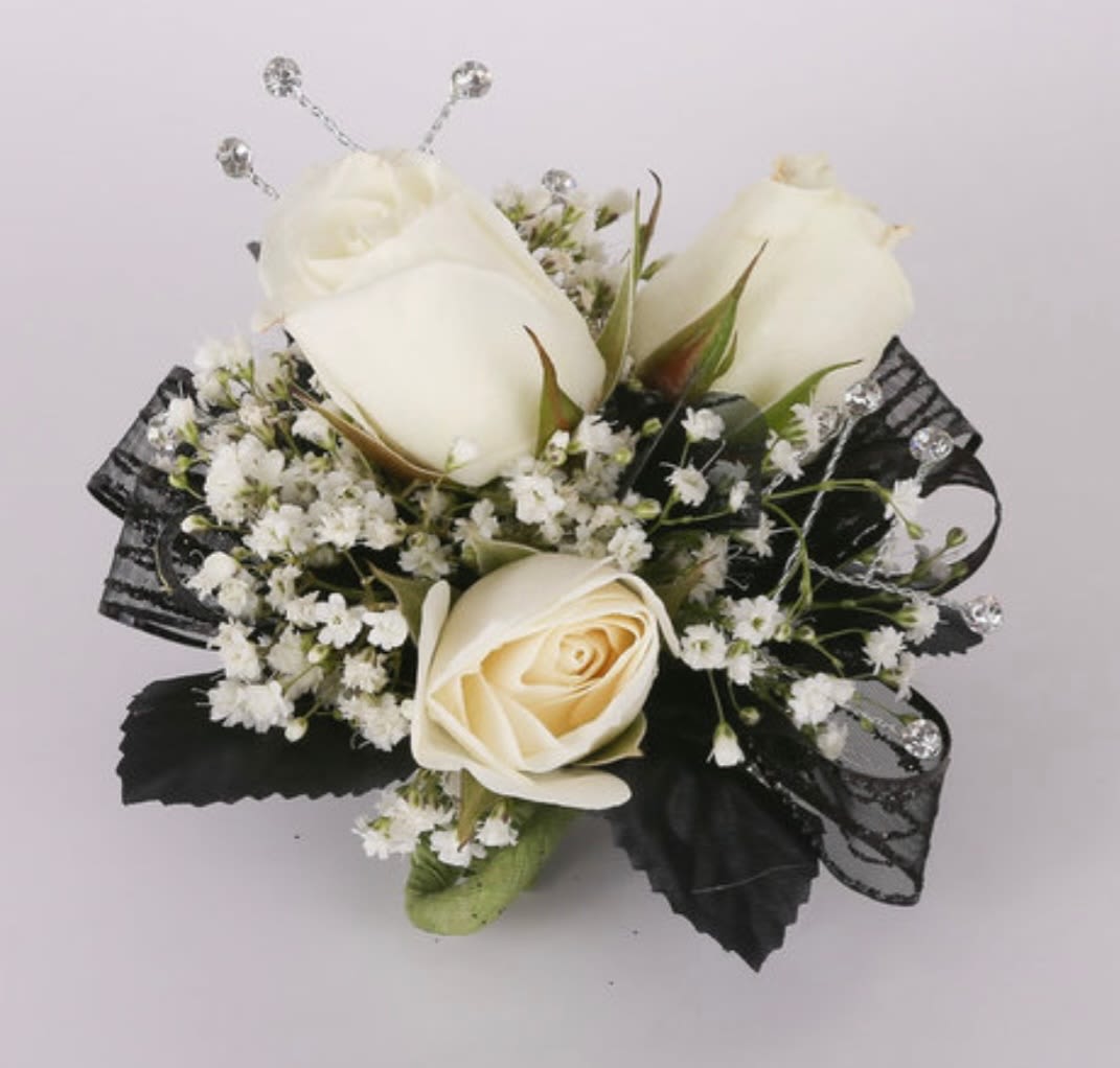 all white corsage - This all white spray roses corsage features spray roses and gems