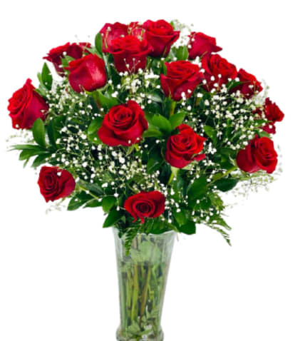 Dozen Red Roses with Baby Breath - Farm, fresh and beautiful red roses!!! Make hearts happier by giving them fresh flowers.  Standard: One Dozen (12 roses) Deluxe: Two Dozen (25 roses) Premium: Three Dozen (36 roses)  Includes: Roses, Baby breath, Greenery, Ribbon, Clear Vase. 