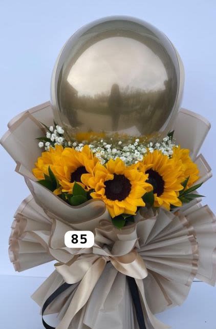 arreglo dorado - unidad de 6 girasoles y un globo