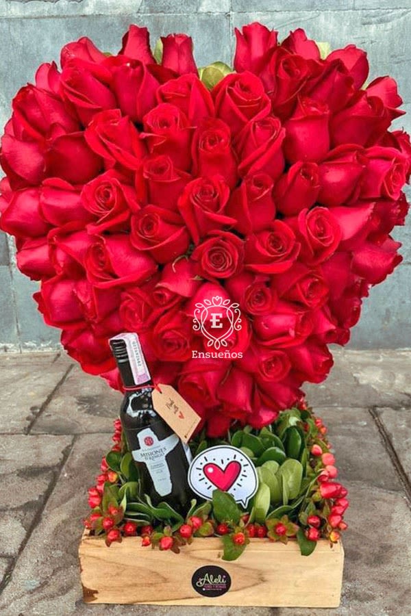 corazon rojo y fuerte - unidad de 40 rosas rojas y un mini vino