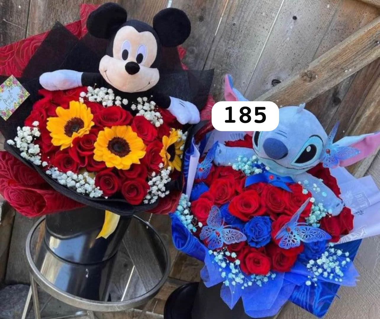 detalle mini - mikey mouse: unidad de 24 rosas y 3 girasoles  stich: unidad de 24 rosas rojas
