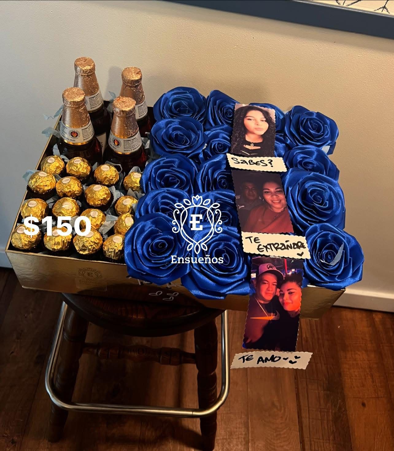 men - unidad de 20 rosas azules de saten, 4 cervezas y 12 chocolates ferrero