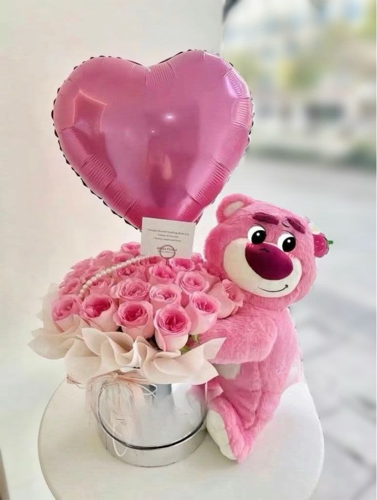 oso roja - unidad de 50 rosas rosadas y un peluche tamaño grande
