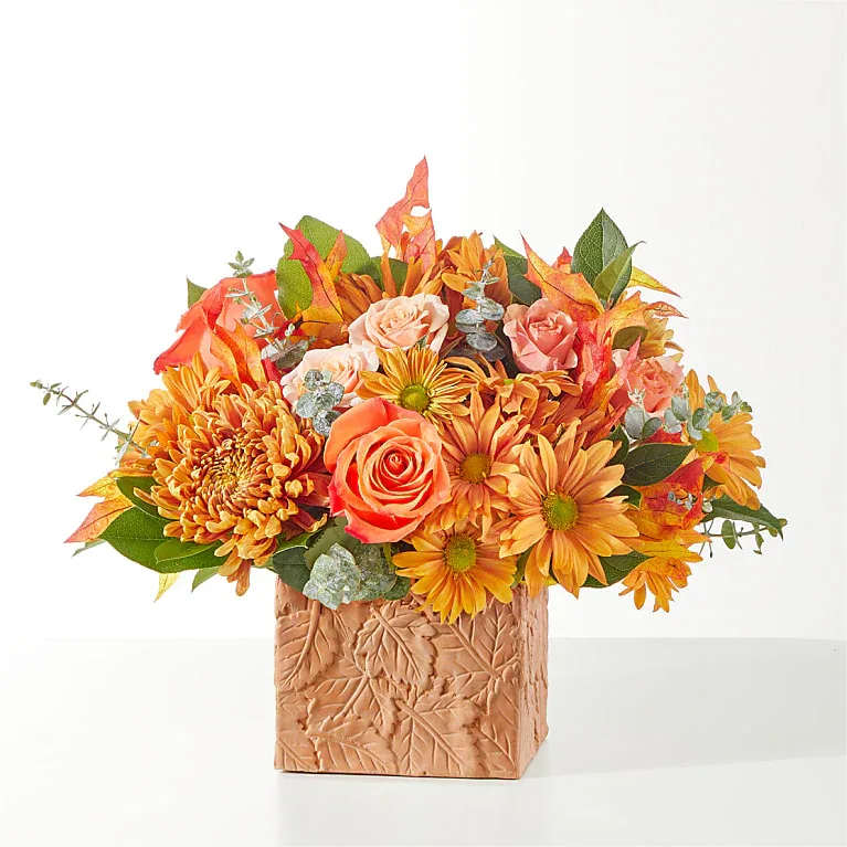 Scenic Route Bouquet - Scenic Route Bouquet Reminiscent of taking a long drive upstate, this beautiful bouquet of orange, peach and bronze florals in a seasonal vase is a sweet way to share your sentiments with a loved one near or far.