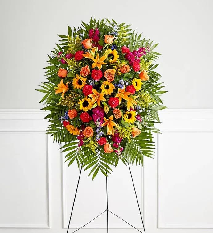 Bright standing spray  - This radiant standing spray is a vibrant celebration of life, filled with warmth, color, and heartfelt sentiment. A stunning mix of sunflowers, orange lilies, coral roses, red carnations, and seasonal blooms is beautifully arranged against a lush backdrop of fresh greenery. Perfect for honoring a loved one with joy and gratitude, this design brings comfort and hope while reflecting a life full of love, passion, and bright memories. Ideal for funeral services, memorials, or celebrations of life.