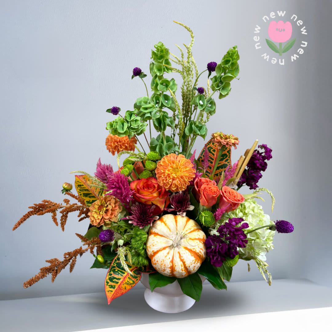 Autumn Ascent - Recipe: Seasonal Dahlias, Bells of Ireland, Dianthus, Zinnias, Amaranthus, Spray Roses, Roses, Chrysanthemums, Hydrangae, Stock, Globe Amaranthus, Green Buttons and seasonal leaves.