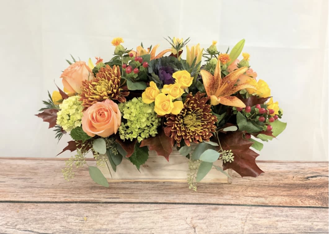 Gratitude - Packed with an abundance of fall's best varieties, our wood box is a perfect centerpiece for your dining table, and a wonderful hostess gift as well. Length is approx. 15&quot; long.