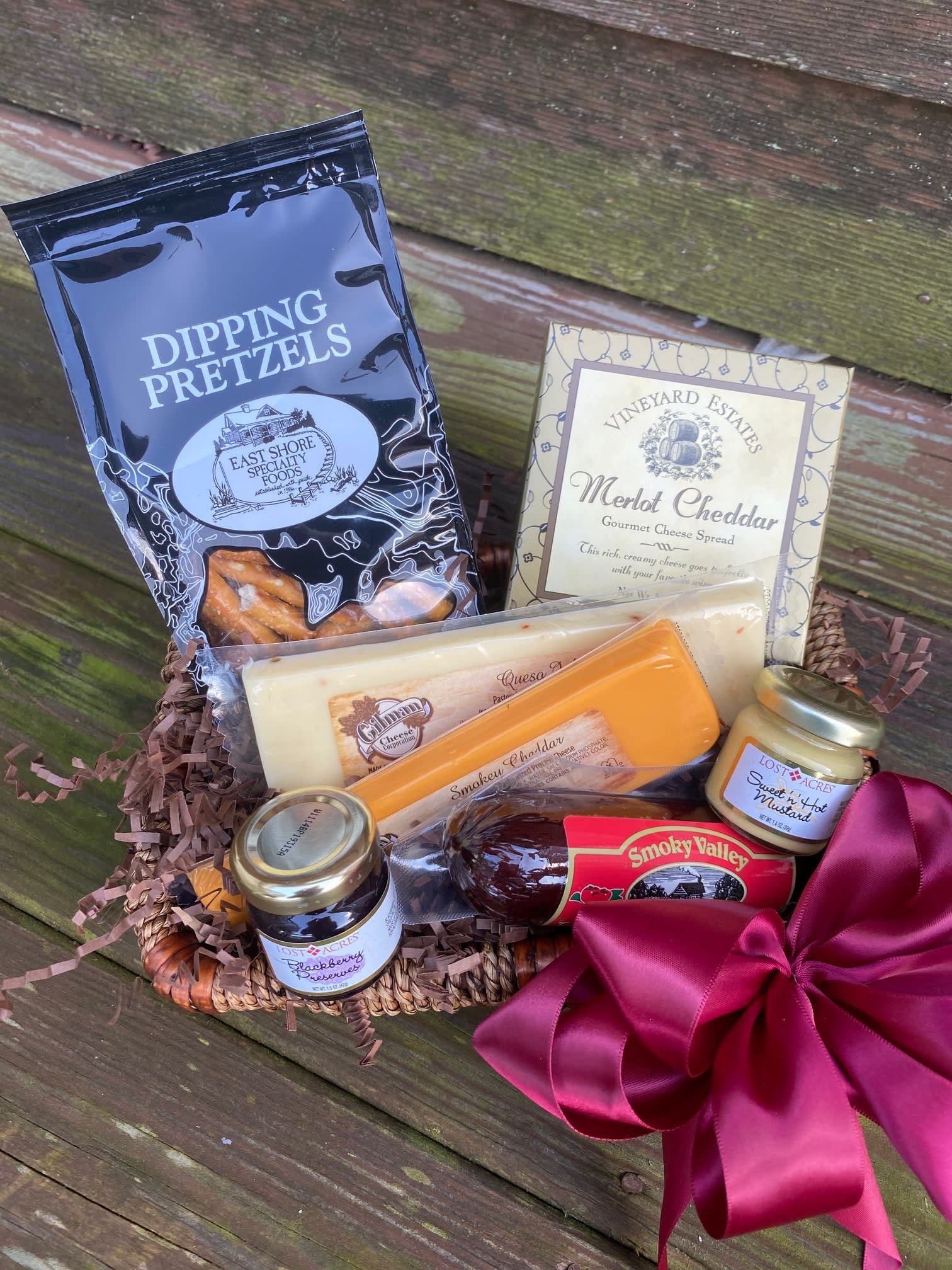 Gourmet Food Basket - Savory with Fruit - Food items will vary based off our currently inventory or artisanal  savory treats like meats &amp; cheeses, pretzels, crackers, jams, jellies and mustards. 3 sizes available - medium &amp; large sizes will include fruit. We will do our best to fulfill special requests within an appropriate time frame. 