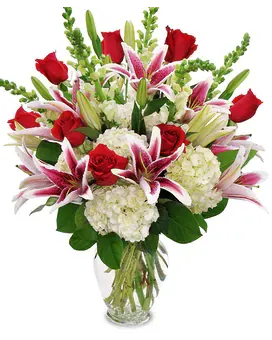 Roses, Lilies, Hydrangea's oh my - A Dozen red roses nestled into a vase of hydrangea and stargazer lilies.