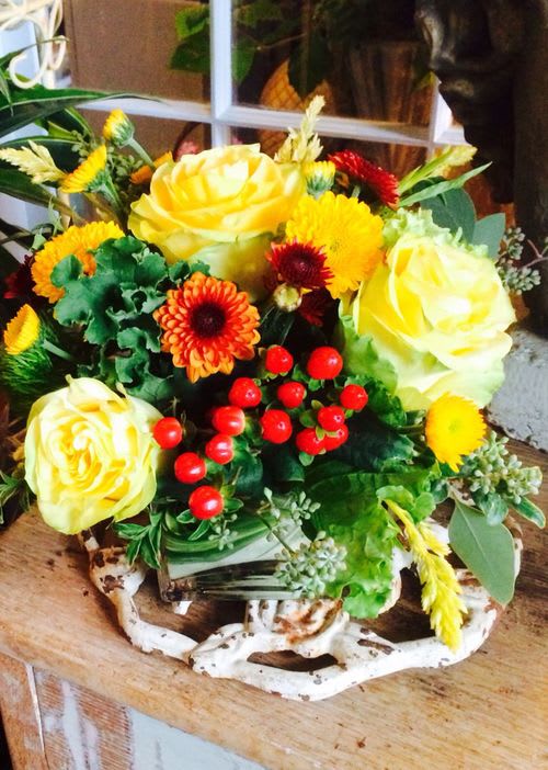 Yellow Rose Fall Floral Cube - Assortment of fall flowers that includes yellow roses, fall mums and red hypericum.