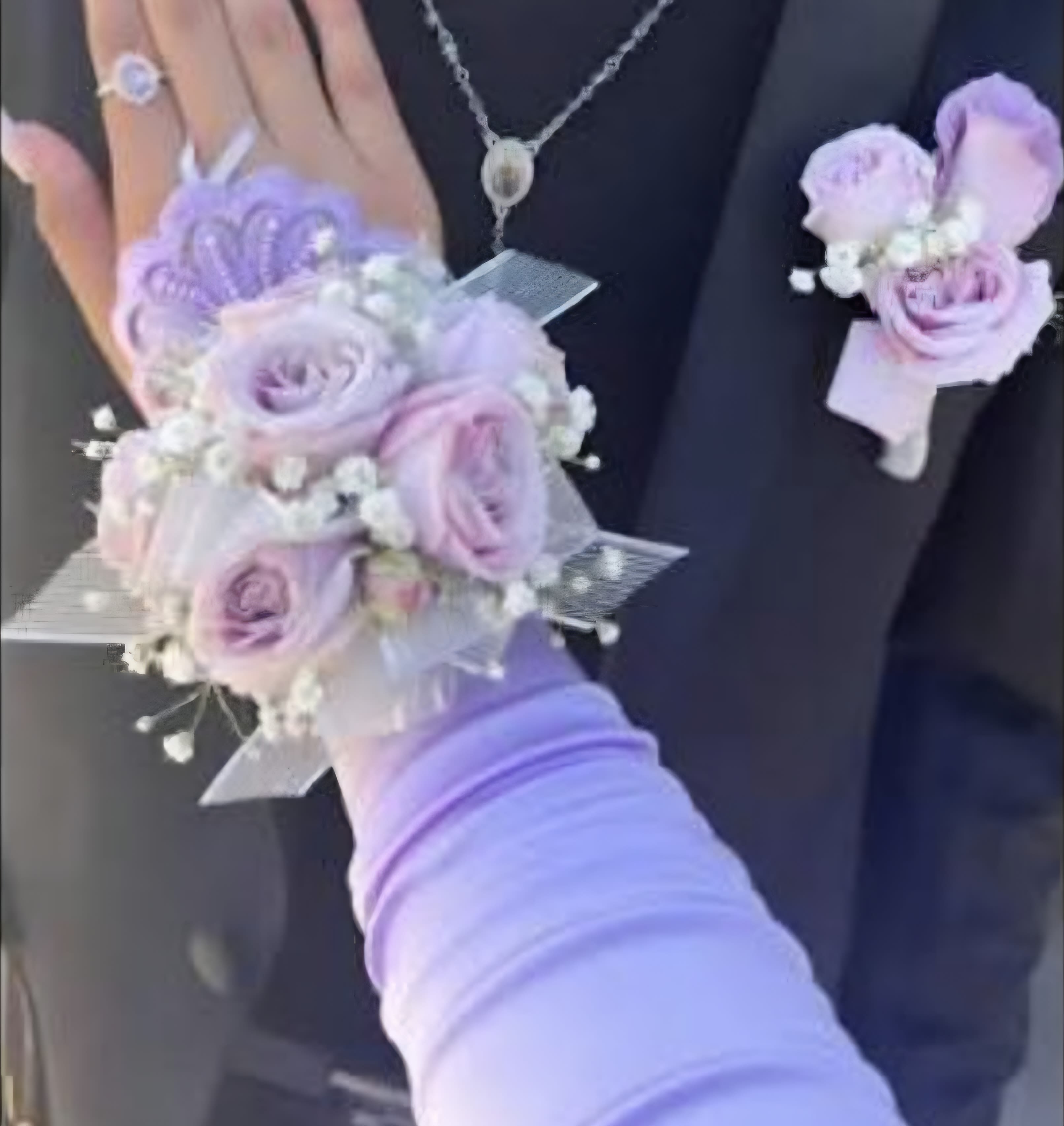 Lavender Corsage and Boutineer Combo - This combo feature lavender roses in a wrist corsage and a boutineer