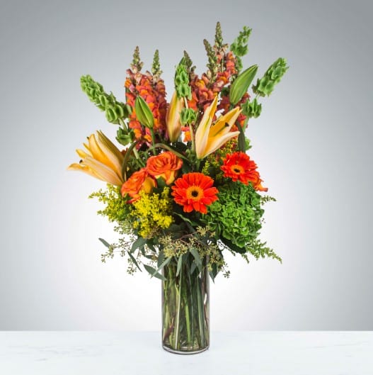 Buenos Dias by BloomNation™ - Rise and shine with this tall and bright arrangement. Tall reaching daisies, bells of Ireland and lilies in bright orange and green make this arrangement pop. Perfect for Cinco De Mayo, wishing somebody a happy birthday or welcoming a new baby.   APPROXIMATE DIMENSIONS 16&quot; W X 31&quot; H