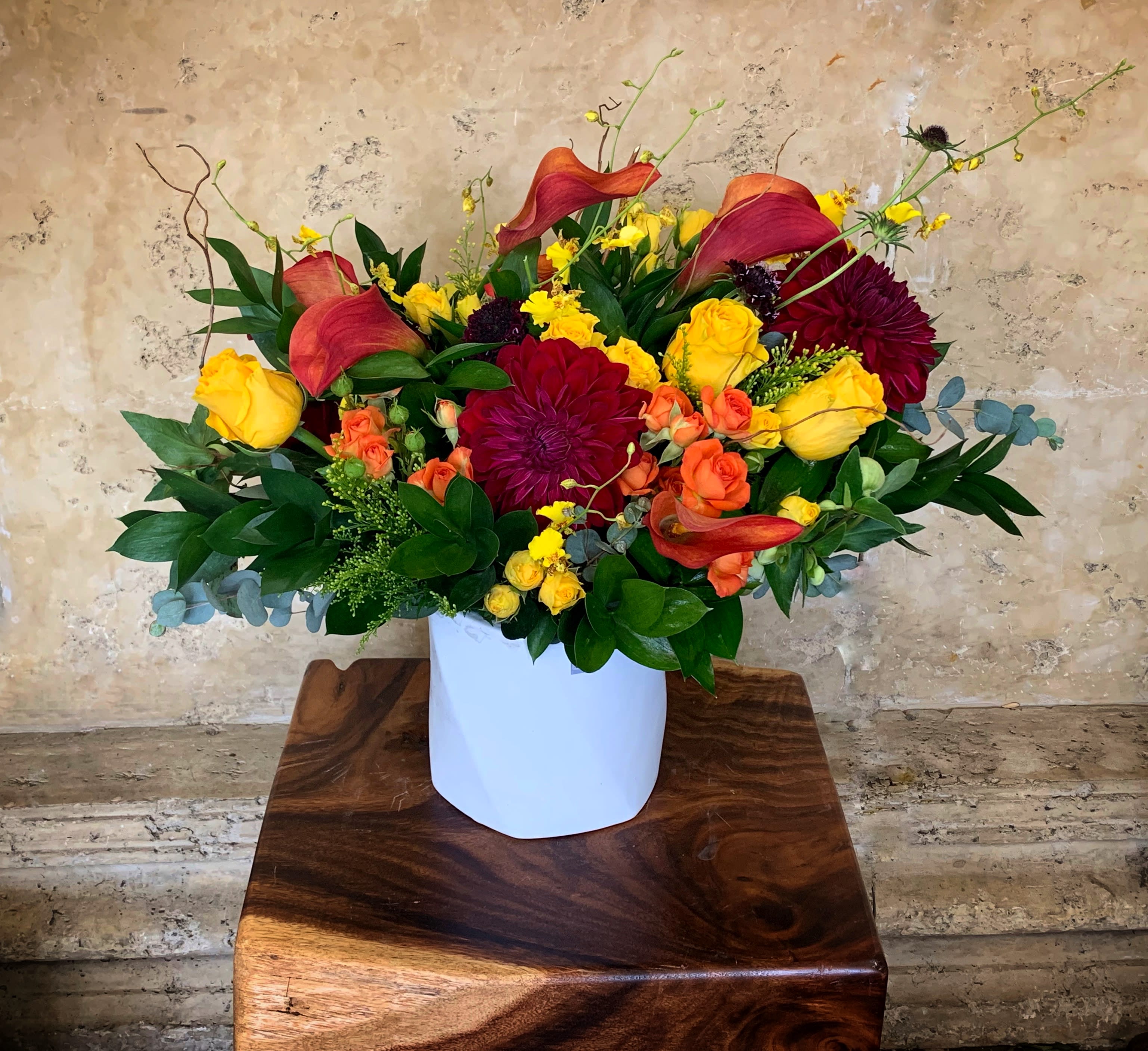 Manchester - Garden style arrangement with Roses, Calla Lilies, Orchids, nice green, and ...