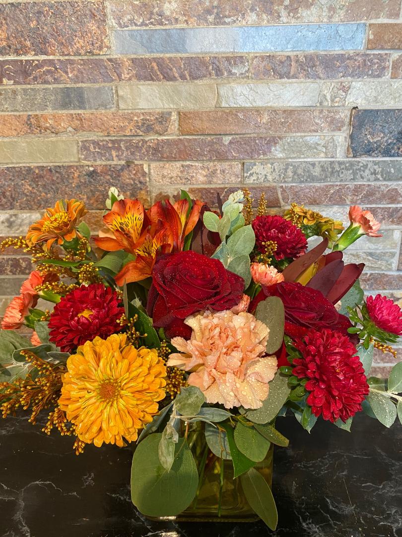 You're So Golden  - Beautiful fall hues designed in a glass cube brings the joy of autumn inside your home. 