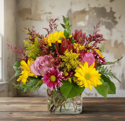 Just Because  - Welcome to Specialty Floral Design, where we bring creativity and elegance to every bloom. Introducing our charming creation, the &quot;Just Because&quot; bouquet, a delightful fusion of nature's finest hues crafted to brighten any space and occasion.  Nestled in a sleek square vase, this arrangement exudes simplicity and sophistication. Vibrant yellow daisies dance alongside the golden rays of solidago, while the gentle fragrance of lavender roses fills the air with tranquility. Adding a touch of allure, the leucadendron lends a unique texture, elevating the bouquet.  Perfectly sized for a desk at the office or an end table in your bedroom, the &quot;Just Because&quot; bouquet effortlessly adds a pop of color and charm wherever it goes. Whether it's to celebrate a birthday, convey heartfelt sentiments on Mother's Day, or simply to let someone know you're thinking of them, this versatile arrangement is an ideal choice.  Let our flowers speak volumes when words fall short. Surprise your loved ones with the &quot;Just Because&quot; bouquet and watch as smiles bloom with every petal. Order now and let us deliver joy straight to your doorstep.  Specialty Floral Design offers same-day delivery to Olympia, WA, Tumwater, WA, and Lacey, WA. We also deliver to surrounding areas. Once you Google &quot;florist near me,&quot; we hope you find us and choose to order flowers for your friends and family from our website.