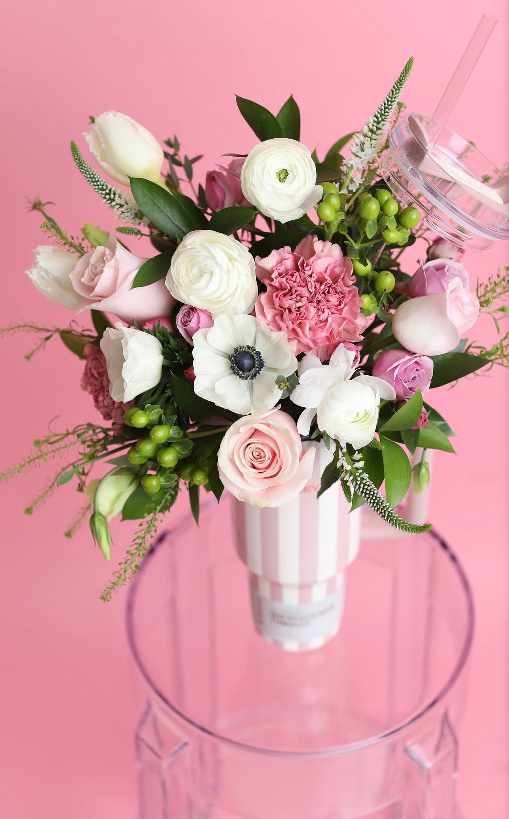  Peach Whip Cabana Gloss  - Meet the Peach Whip Cabana Gloss Stanley Cup Flower Arrangement. This bright and bold arrangement is bursting with soft pink and white blooms, artfully designed inside the stunning  Peach Whip Cabana Gloss Stanley cup from their Oasis Collection. It's a gift that keeps on giving - flowers today, and her favorite tumbler for all of her future adventures!  Each arrangement will be created as close to the pictured style as possible.