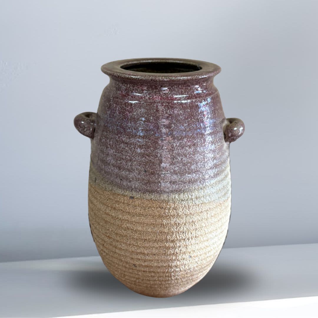 Stoneware Pottery Ceramic Vase Unmarked Handmade Stoneware Pottery Ceramic Vase Unmarked Handmade - Stoneware vase with ripples and handles finished in a natural gradient that flows from light beige to deep charcoal. Unsigned. Unknown era. 11"h x 9"w It is the nature of Pre-Loved objects this is a handmade item and presents imperfections which brings its character. Call for shipping outside Los Angeles Area