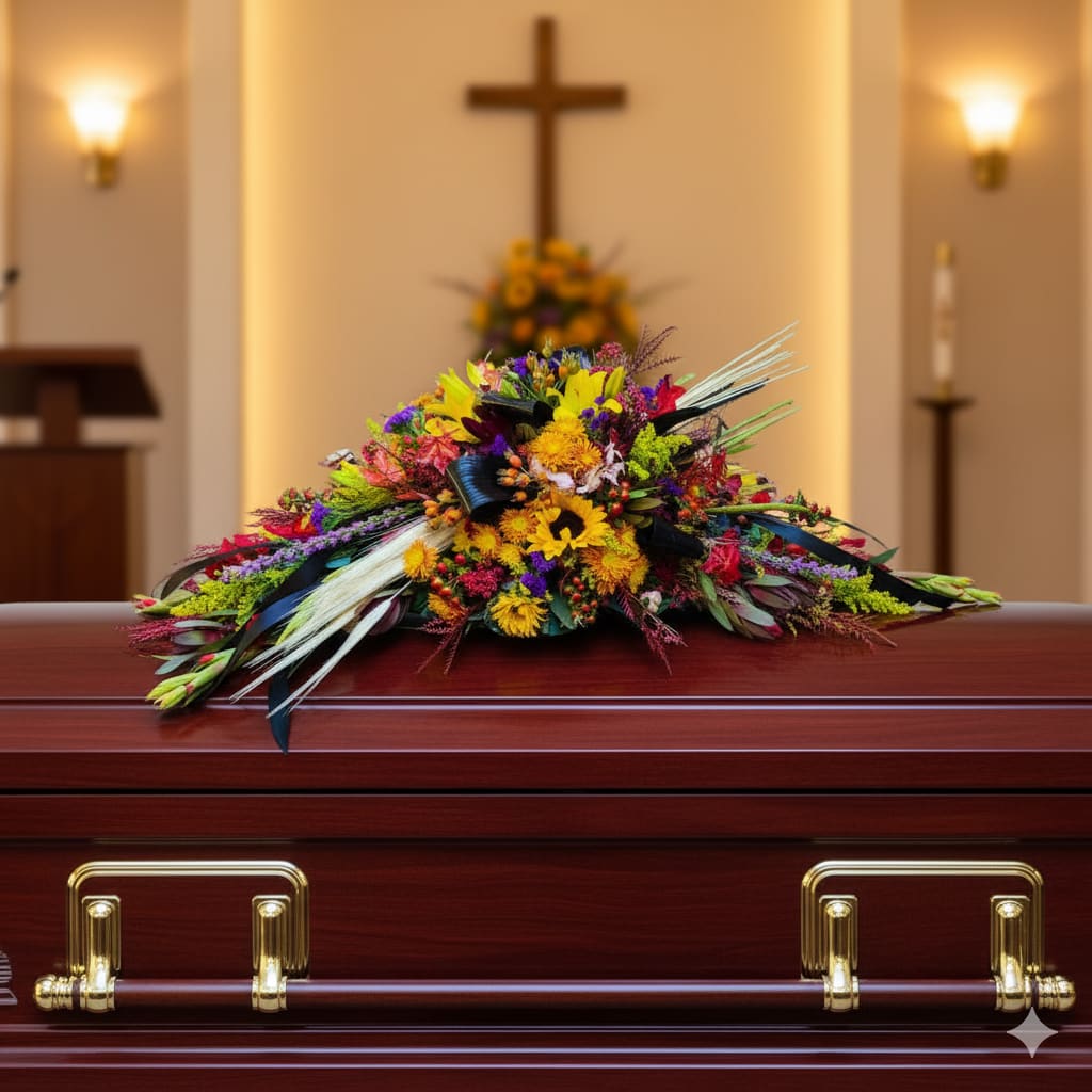 Fall Serenity - Fall Serenity is a stunning sympathy floral tribute and an exclusive design from Specialty Floral Design. This heartfelt piece is crafted in a unique wrapped bouquet style, with flower stems artistically left exposed—giving the look and feel of a hand-tied bouquet lovingly laid across the casket. It’s a beautiful and natural approach to casket flowers, offering a sense of simplicity, warmth, and authenticity.  This custom-designed arrangement features rich, seasonal blooms with a vibrant autumnal palette. We use a thoughtful mix of sunflowers, lilies, gladiolus, and solidago—bringing together the golden hues, warm oranges, and soft rusts that perfectly capture the spirit of fall. The result is a floral tribute that tells a story of a life well-lived, rich in love, beauty, and memory.  Like many of our sympathy designs, Fall Serenity can be customized to reflect a more masculine or feminine style, depending on your preferences. While it’s especially fitting during the fall season, this wrapped bouquet-style casket piece can be recreated with seasonal flowers at any time of year.  If you're searching for meaningful and personalized sympathy flowers, Specialty Floral Design is honored to be your local florist in Olympia, WA. We specialize in one-of-a-kind funeral arrangements that are created with care and attention to every detail.  Let us help you express love, honor, and remembrance through flowers that speak from the heart.   