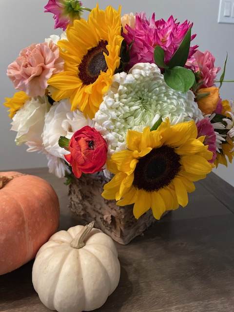 Happy Fall Birch Box Happy Fall Birch Box - Dahlias, roses, alstroemeria, carnations, ranunculus and more make up this spectacular  box arrangement.  Some flowers and colors may vary slightly due to what is growing and blooming.