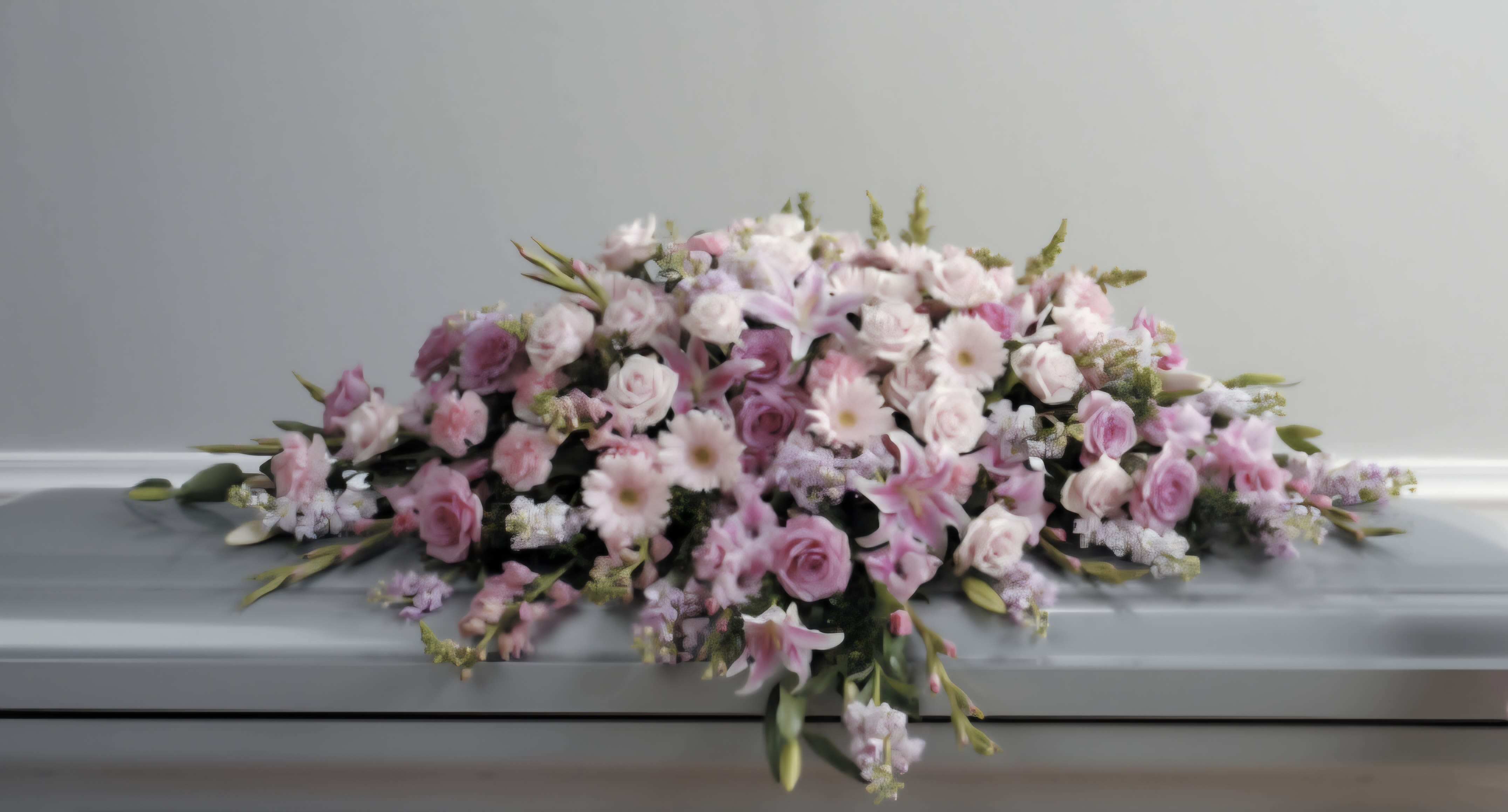 Faithfully Yours Faithfully Yours - This casket spray features many shades of pinks. It features gerbers daisies, roses stock and much much more.