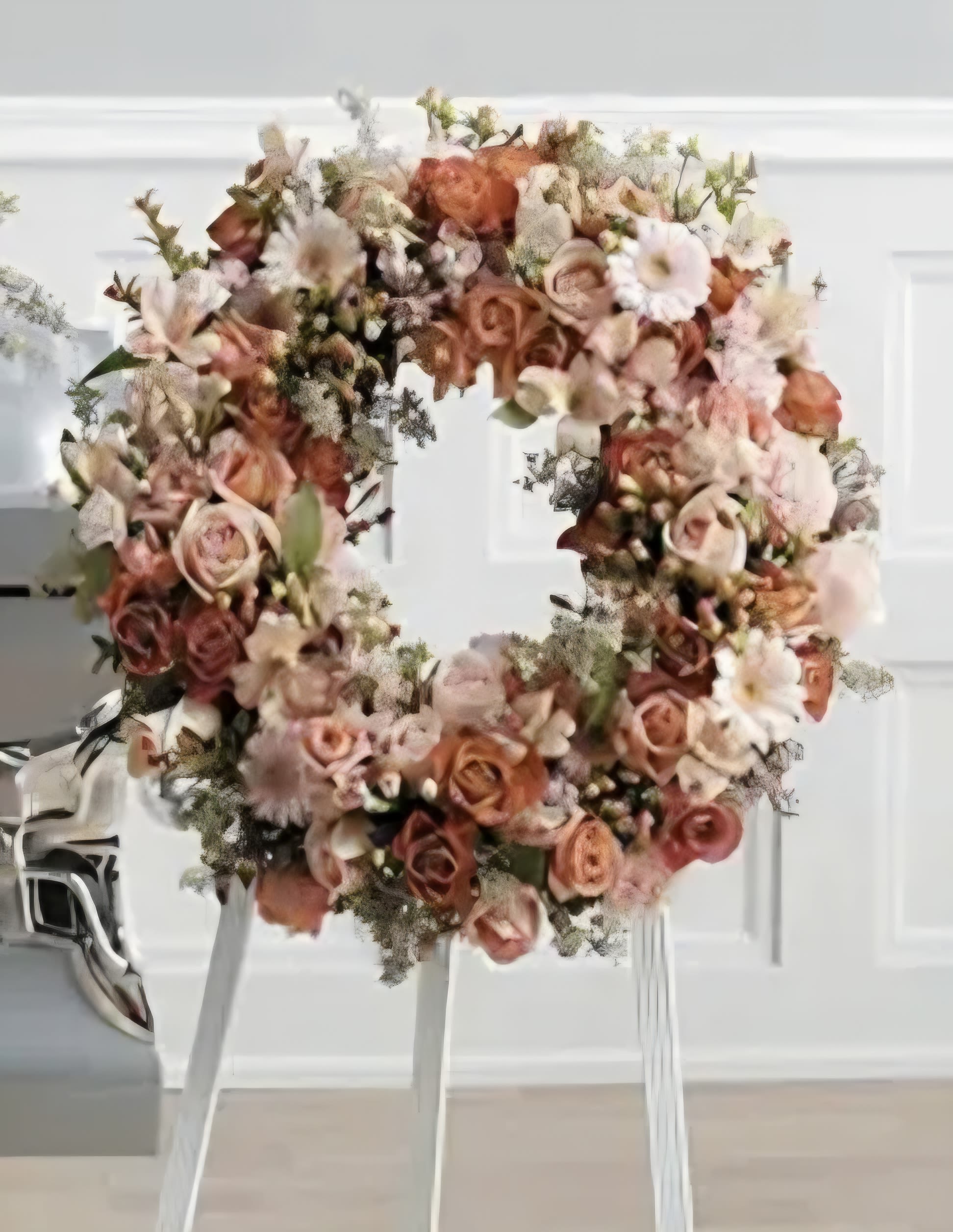 Tribute 6 - This easel feature a nice mix of shades of peaches. Roses, Alstromeria, and Gerbers and much more.