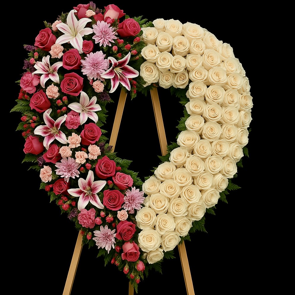 Divine Light - This exquisite heart-shaped floral arrangement is a stunning tribute of love and remembrance. One side is adorned with soft cream roses, symbolizing elegance, purity, and everlasting love. The other side bursts with vibrant pinks and purples, featuring a mix of roses, lilies, chrysanthemums, carnations, and seasonal blooms. The contrasting tones create a striking and harmonious design, balanced with lush greenery to enhance the natural beauty. This arrangement is perfect for memorials, funerals, or as a loving tribute, delivering a heartfelt message of devotion and grace. Crafted with care by “Fernando’s Flower Shop,” it conveys deep sentiments and timeless beauty.