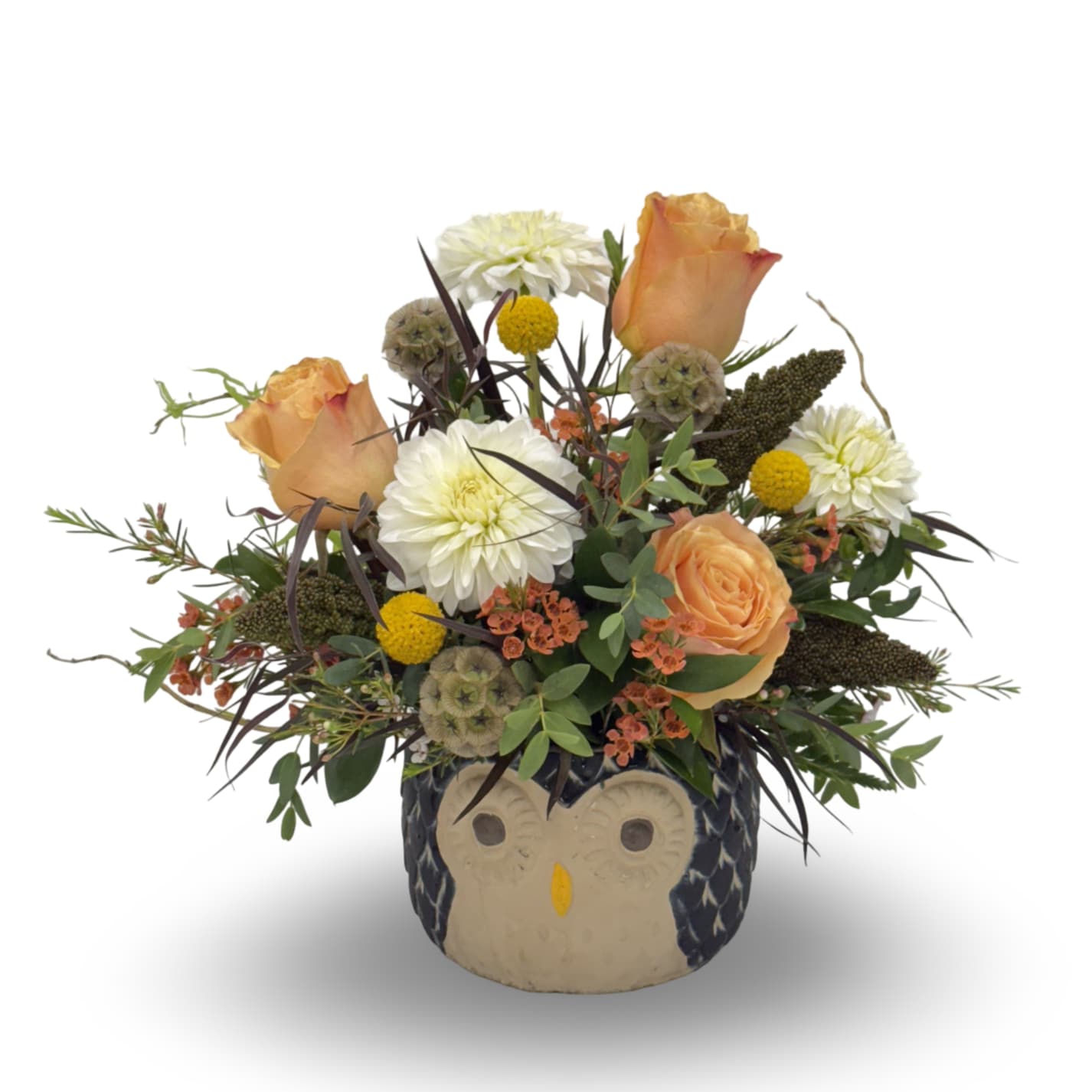 Owl You Need - Meet Owl You Need, a charming arrangement in a low ceramic owl-shaped pot. This playful bouquet features dahlias, roses, scabiosa, and wax flowers in warm shades of peach, white, brown, and orange, creating a cozy, whimsical display. Perfect for brightening any space or gifting to someone special, it’s as delightful as it is memorable.  Approximately 13 × 11 inches