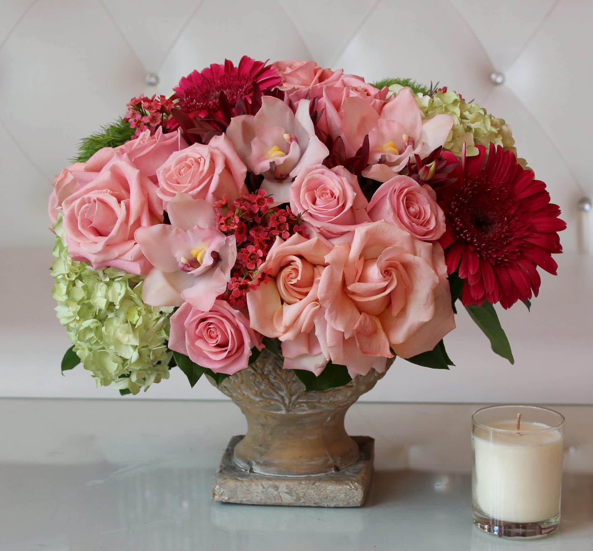 Red & Pink Mix Red & Pink Mix - Pink roses, hydrangea , white orchids ...