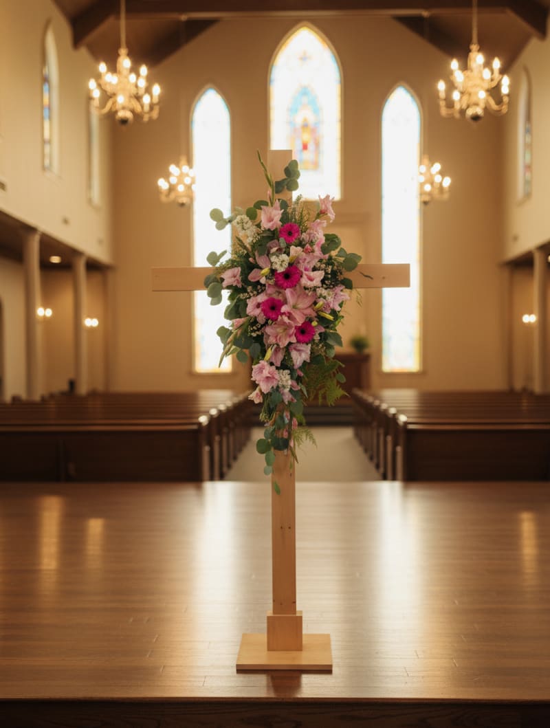Graceful Blooms for Church Cross Graceful Blooms for Church Cross - Graceful Blooms for Church Cross Create a touching and reverent display with our Graceful Blooms for Church Cross arrangement. Designed to be attached to a church wooden cross, this floral piece features a soft and elegant combination of pink gladiolus, lilies, and gerbera daisies. Each bloom is thoughtfully placed to complement the natural beauty of the wooden cross, offering a serene and uplifting focal point for memorial services, celebrations of life, or spiritual ceremonies. Please note: The wooden cross is not included. This listing is for the floral arrangement only, which is designed to be securely fastened to a standing or hanging cross provided by the church or venue. At Specialty Floral Design, we are honored to help you create meaningful floral tributes during life’s most sacred moments. As a local florist based in Olympia, WA, we offer flower delivery to churches, funeral homes, and event venues in Olympia, Tumwater, Lacey, and surrounding areas.