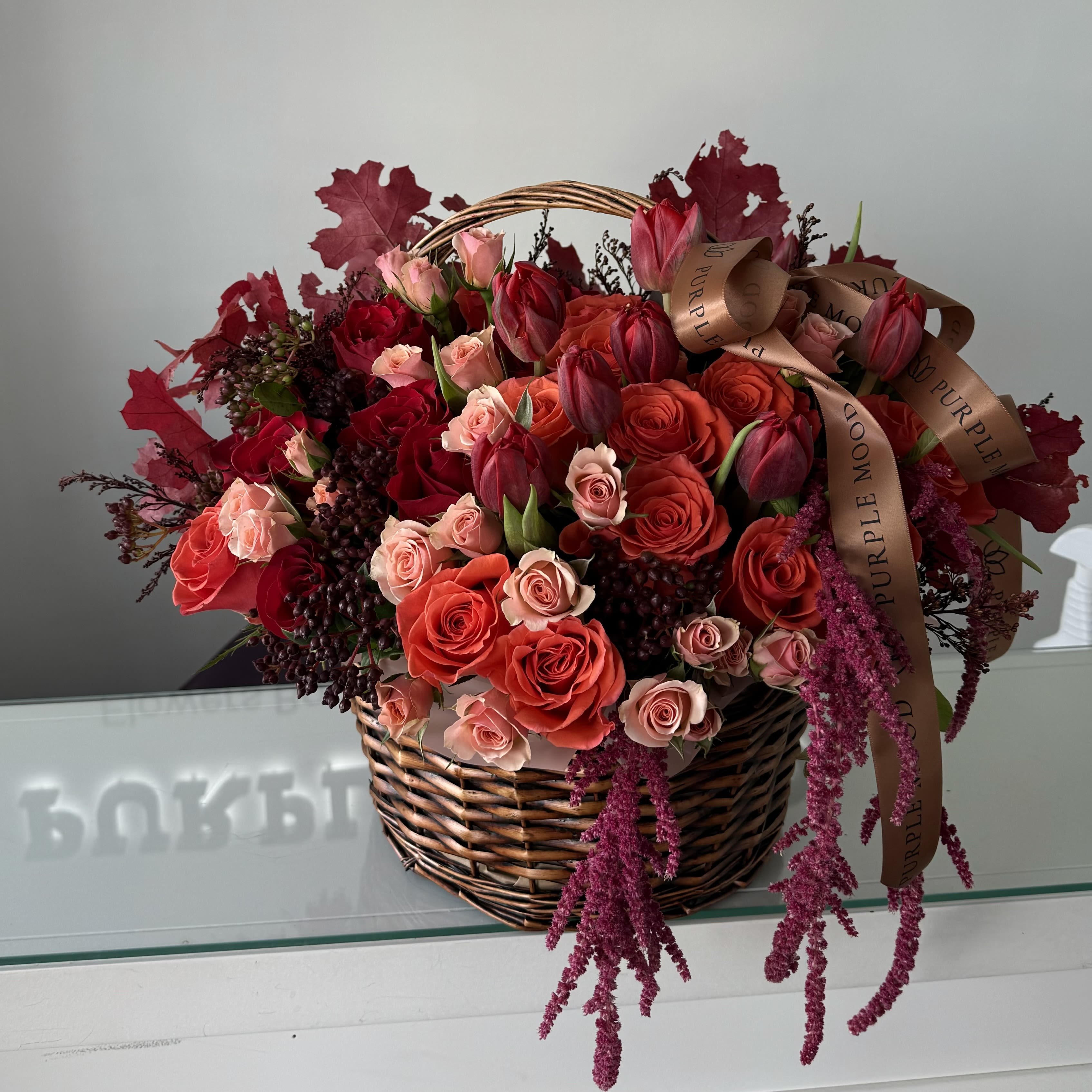 Thanksgiving basket - Brown basket with flowers